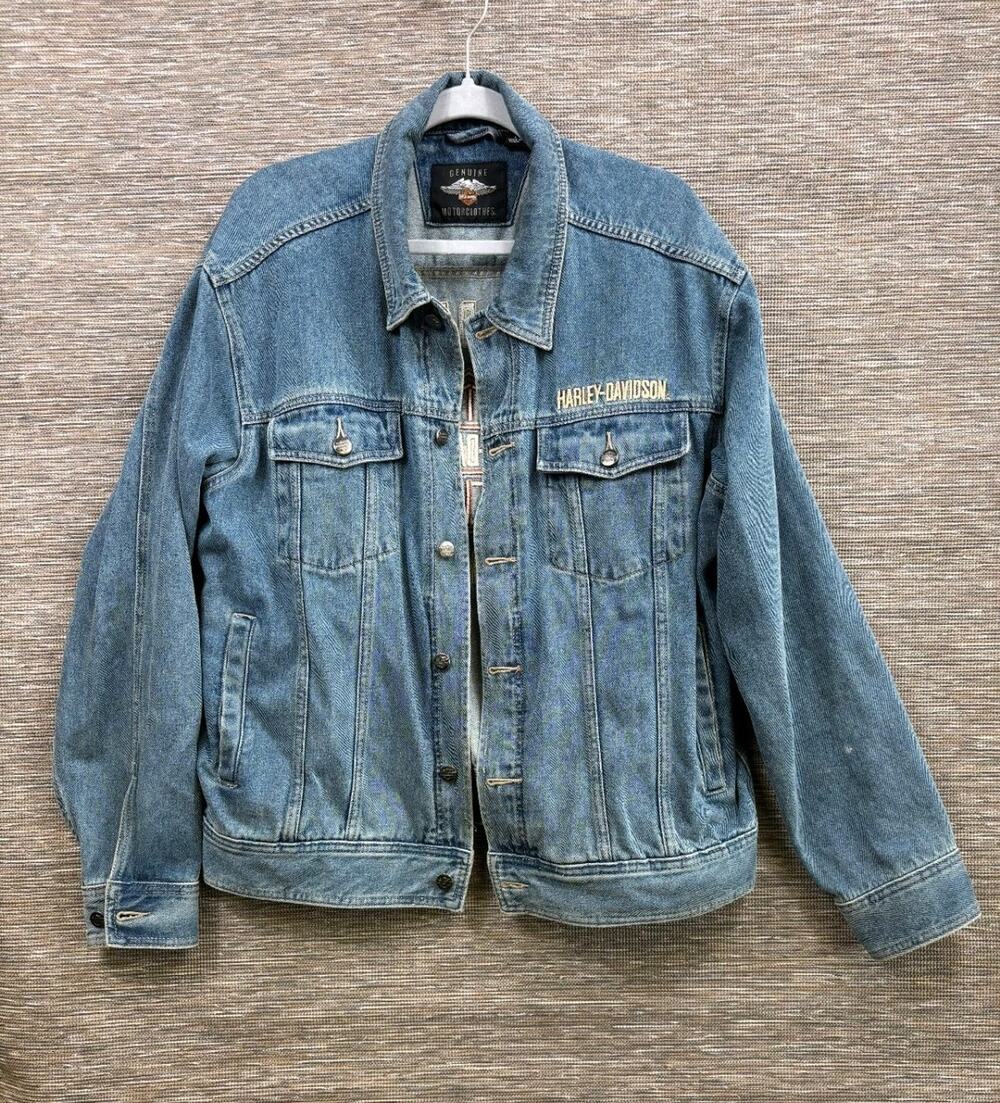 Vintage Harley Davidson Motorcycle Denim Jean Jacket Blue Cotton Men's Size L